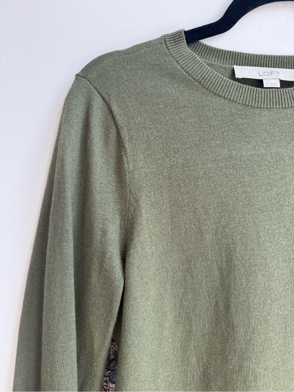 LOFT Olive Green Crewneck Sweater with Floral Layered Hem - Picture 4 of 13